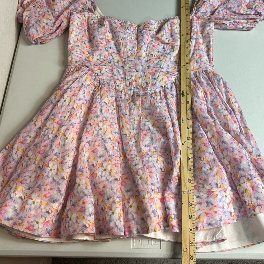 BARDOT Kiah Colorful Floral Cottagecore Corset Puff Sleeve Mini Dress Size Large - Picture 8 of 11